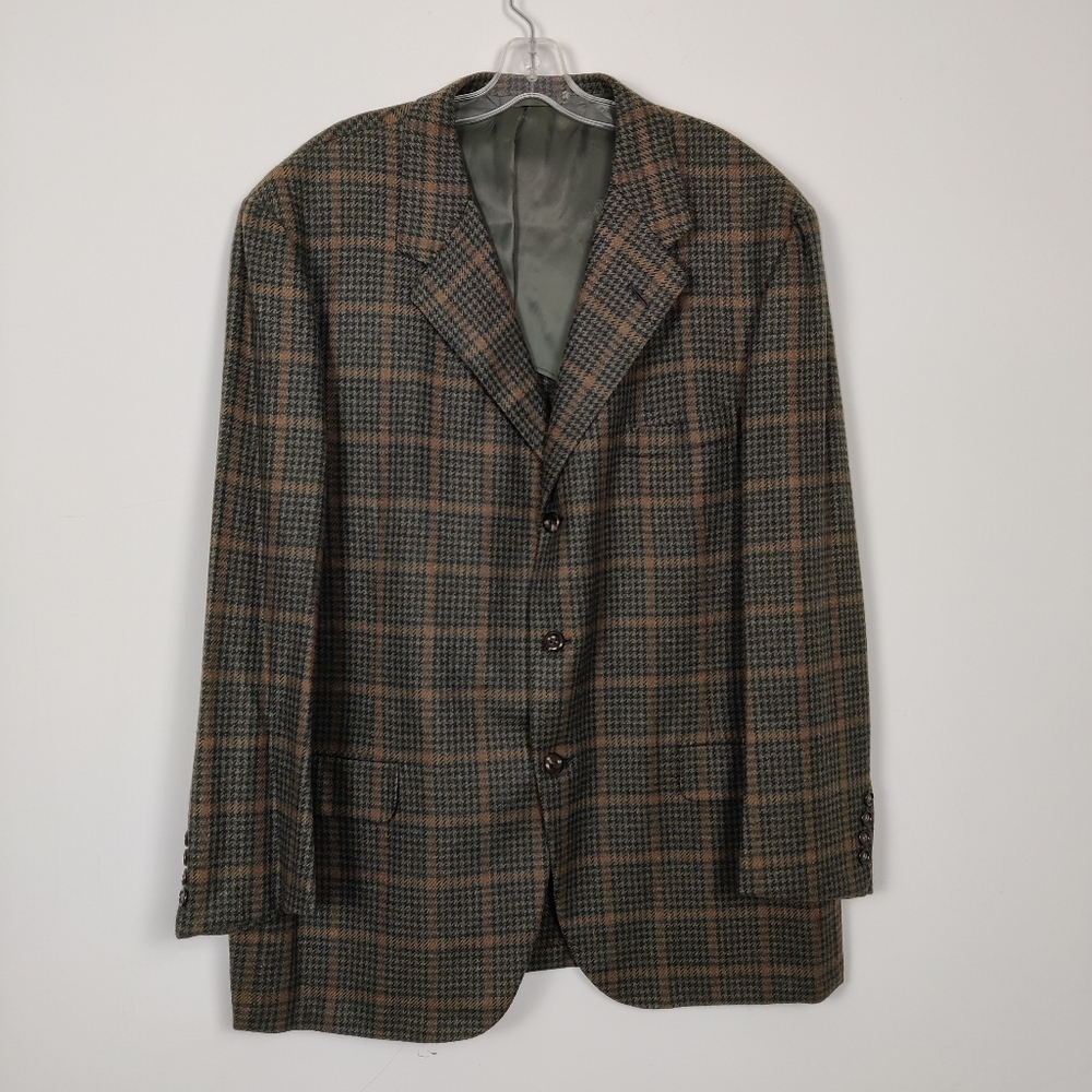 Saks Fifth Avenue Men's Plaid Blazer Jacket Green Tan 100% Cashmere Sports Coat